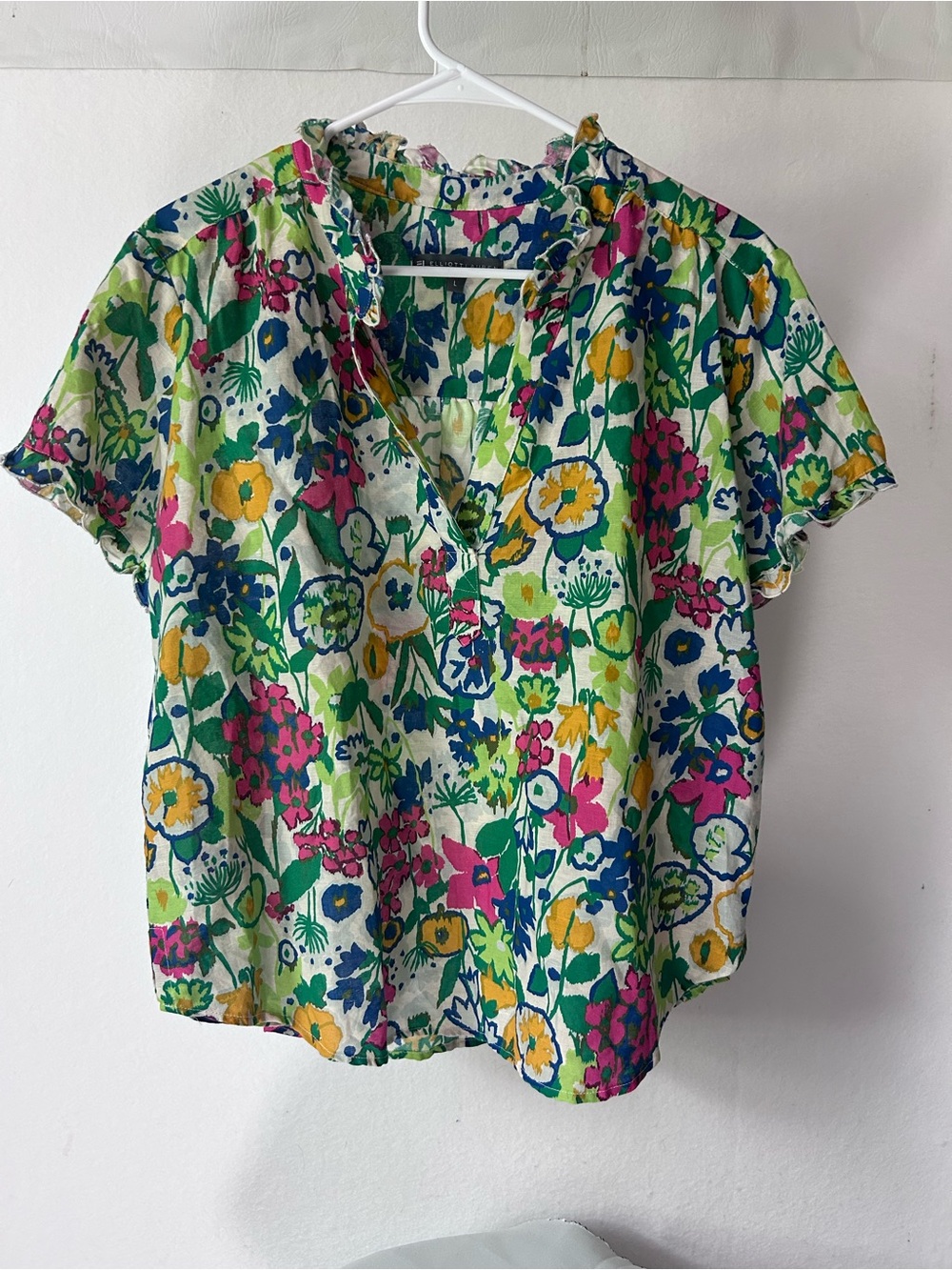 Elliott Lauren Bright Floral Short Sleeve Blouse - Green, Pink, Blue, Yellow